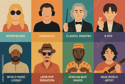 World music icons set – flat, filled, global and artistic symbols
