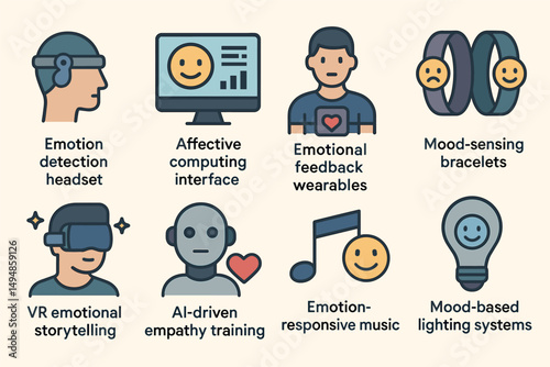 Emotional technology icons set – flat, mood, ai-driven symbols for computing