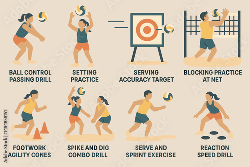 Volleyball training icons set – flat, filled, drills and practice symbols