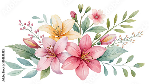 Fototapeta Naklejka Na Ścianę i Meble -  Watercolor Painting of a Lovely Floral Bouquet with Lilies and Other Blossoms