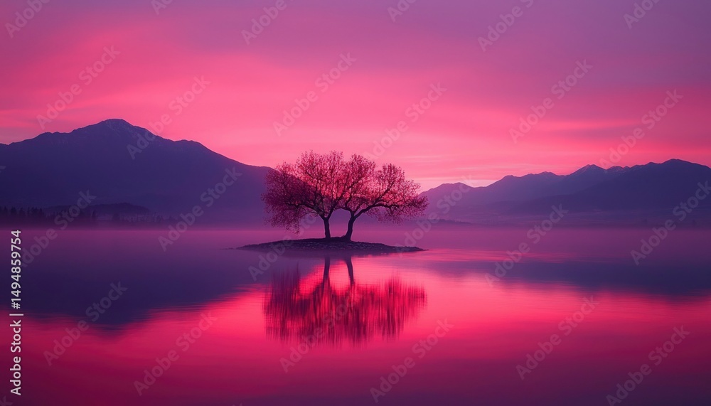 Pink sunrise over lake with tree Pink sunrise over lake with tree