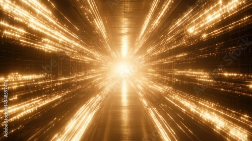 Golden light streaks converge in a radiant, futuristic tunnel