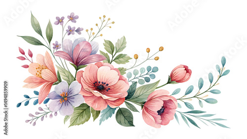 Watercolor Painting of a Delicate Corner Floral Arrangement Featuring Pink and Purple Flowers and Green Leaves