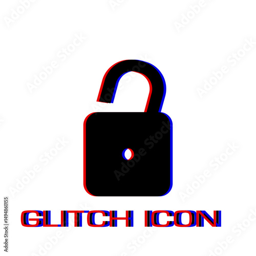 Unlock icon flat. Simple pictogram - Glitch effect. Vector illustration symbol