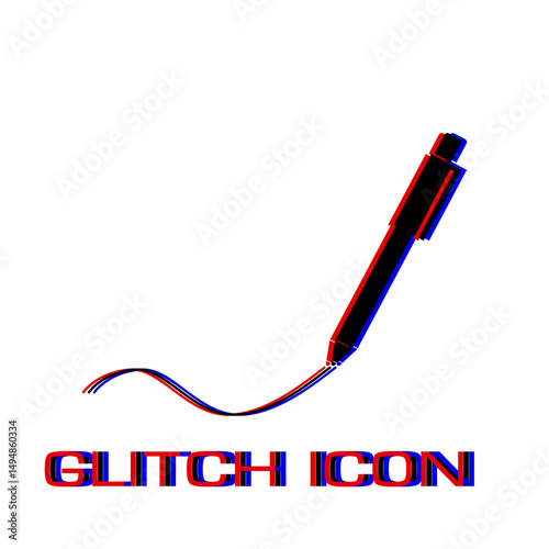 Pen icon flat. Simple pictogram - Glitch effect. Vector illustration symbol