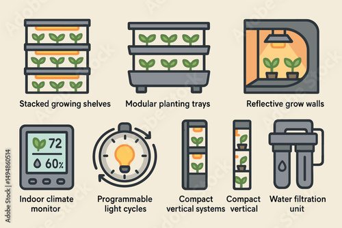 Indoor gardening line icons set – outline, plant care, sustainable growing