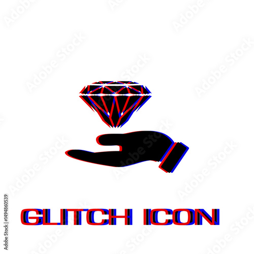 Hand and diamond icon flat. Simple pictogram - Glitch effect. Vector illustration symbol