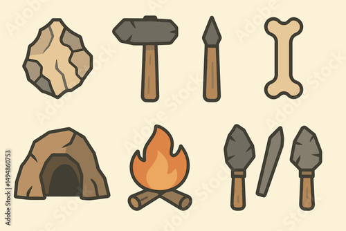 Prehistoric tools icons set – flat, filled, stone age and ancient artifacts
