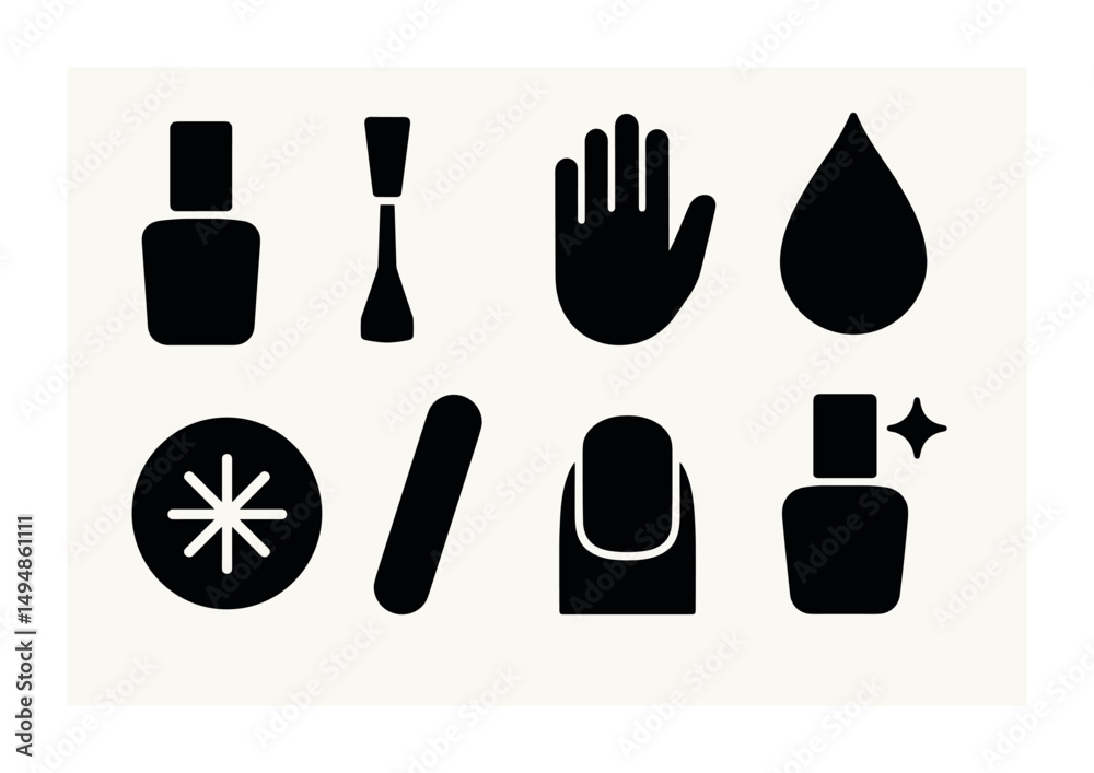 Obraz premium Nail care silhouette icons set – beauty, manicure, grooming symbols
