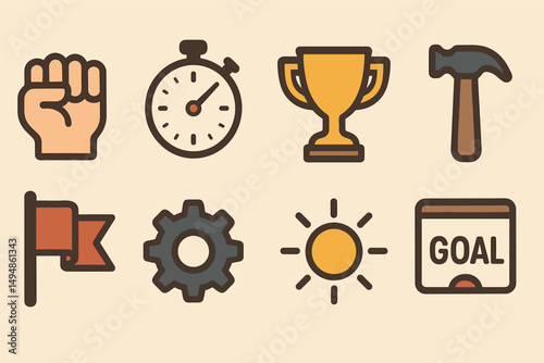 Motivation and achievement icons set – flat, outline, success and goal symbols
