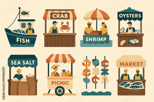 Seafood market flat icons set – filled, fresh, fish and crustacean symbols