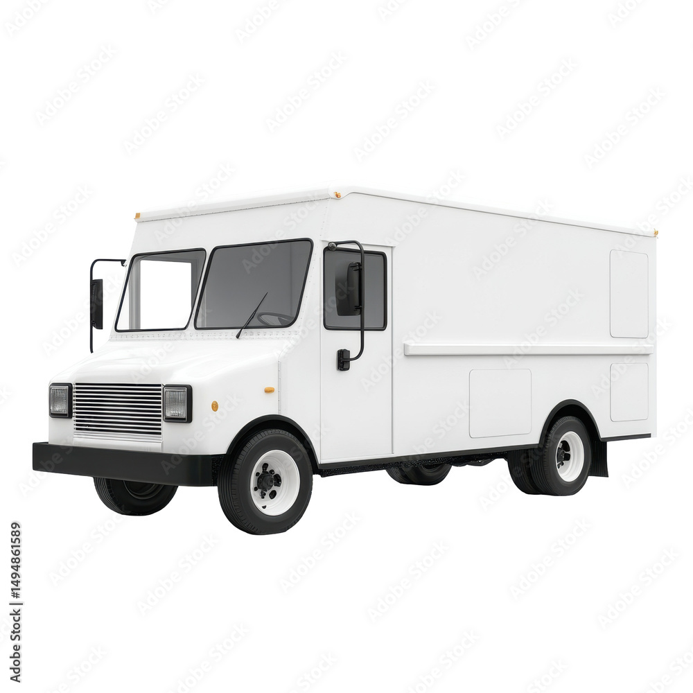 Fototapeta premium White Food Truck Ready for Business on Urban Street, Ideal for Mobile Catering and Events on transparent background