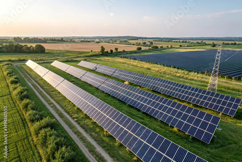 Alternative power source to saving environment.Solar panels park generating green energy electric.Green energy reduce carbon emissions and makes earth cleaner and more ecological