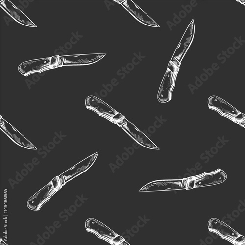 Hand drawn vintage sketch of folding pocket knife seamless pattern in white color on chalkboard background