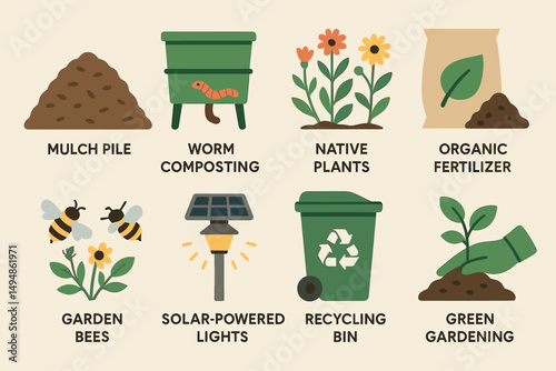 Sustainability and gardening icons set – flat, eco-friendly, green living symbols