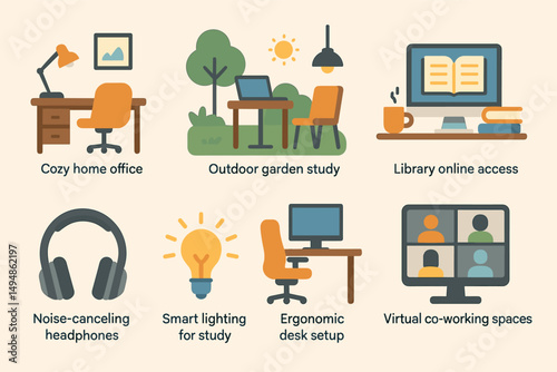 Remote work flat icons set – home office, co-working, productivity symbols