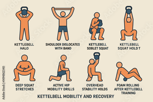Kettlebell fitness icons set – flat, outline, strength training and workout symbols