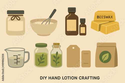 Diy hand lotion crafting icons set – flat, outline, natural and organic symbols