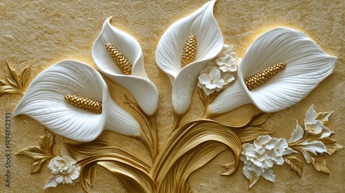 Fototapeta Naklejka Na Ścianę i Meble -  Ornate, decorative floral design in gold and white.