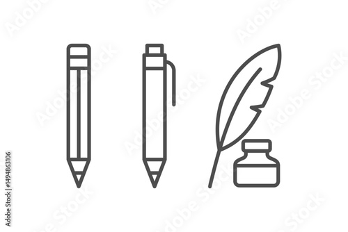 Quill feather and ink bottle, pencil and ballpoint pen vector outline icons set. Writing concept