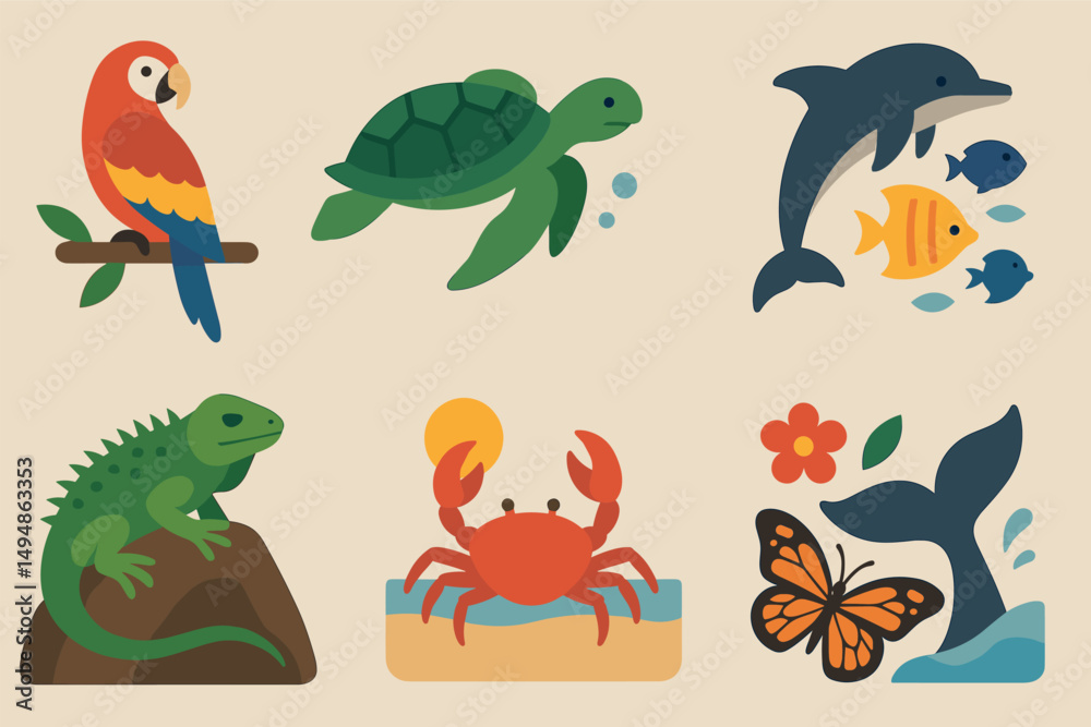 Obraz premium Aquatic and wildlife flat icons set – filled, marine, animal and nature symbols