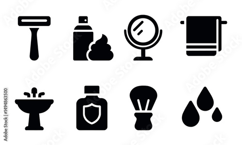 Bathroom essentials solid icons set – filled, hygiene and grooming symbols