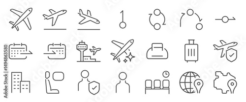 Flight icon set. It includes aviation, app, plane, airline, air transport and more icons. Editable Vector Stroke.
