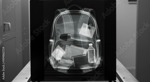 X-ray image shows backpack contents clothes, bottle, and other personal items