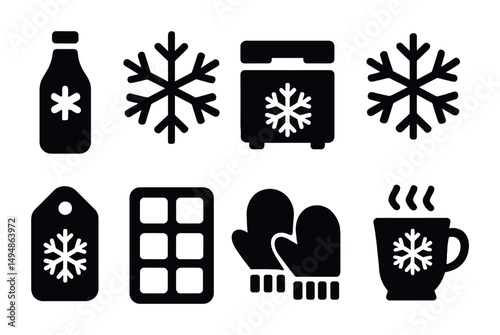 Winter silhouette icons set – cold, snowflake, and seasonal symbols collection