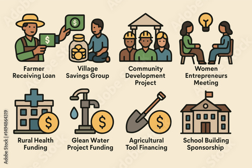 Community development solid icons set – flat, funding, and project symbols
