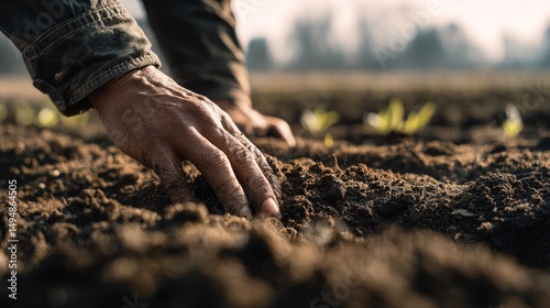Farmer planting rice in a ricefield agriculture scene rural environment close-up view of soil preparation