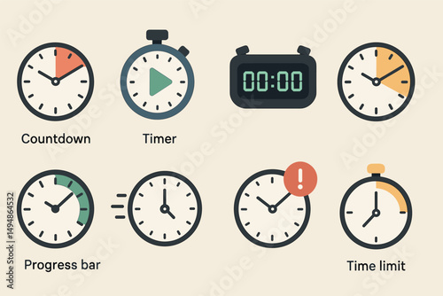 Time management outline icons set – countdown, timer, productivity symbols