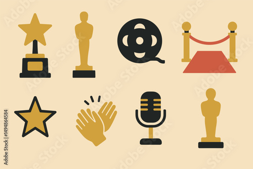 Entertainment awards solid icons set – movie, cinema, celebration symbols