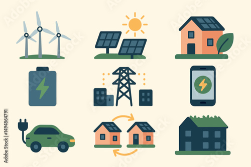 Renewable energy icons set - flat, sustainable power and green technology symbols