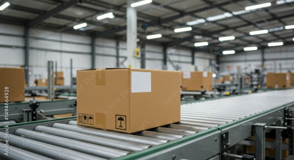Cardboard box on conveyor belt in a modern factory Cardboard box on conveyor belt in a modern factory
