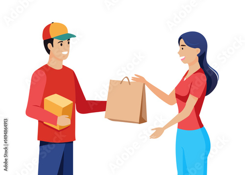 Delivery man, courier, postman giving paper bag with order to customer. Woman character receive package. Shipping service, logistic concept. Vector illustration. 