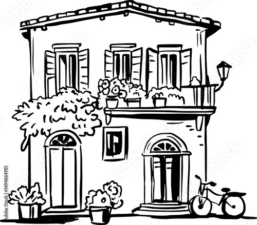 
House Italian Courtyard Linear Drawing