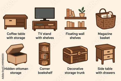 Home furniture icons set – flat, filled, storage and decor symbols