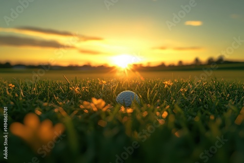 Golf ball nestled in lush green grass at sunset, sun rays bursting through, creating a warm, idyllic scene