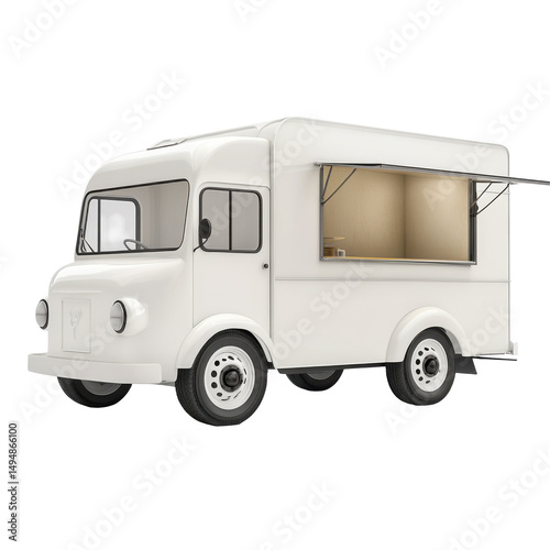 Vintage White Food Truck with Open Window for Serving in a Bright, Inviting Setting on transparent background