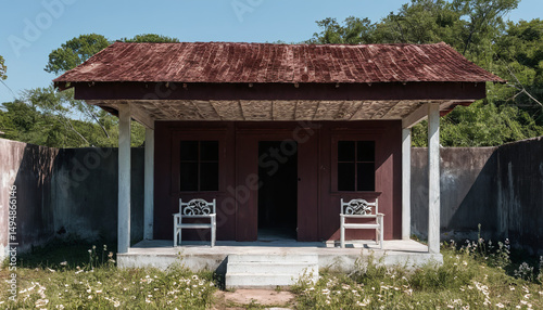 Weathered brown outbuilding stands with two white ornate chairs in front overgrown meadow