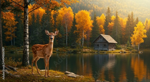 Autumnal deer by a lake