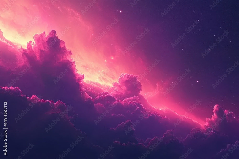 Naklejka premium Vibrant pink and purple nebula, cosmic clouds, celestial landscape