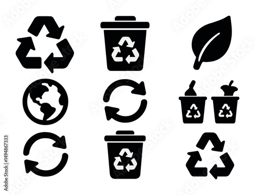 Recycling and environment solid icons set – sustainable, eco-friendly, waste management symbols