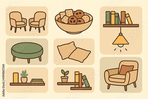 Home decor outline icons set – flat, linear, interior and furniture symbols