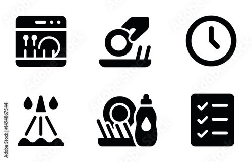 Dishwasher solid icons set – filled, cleaning, kitchen appliance symbols