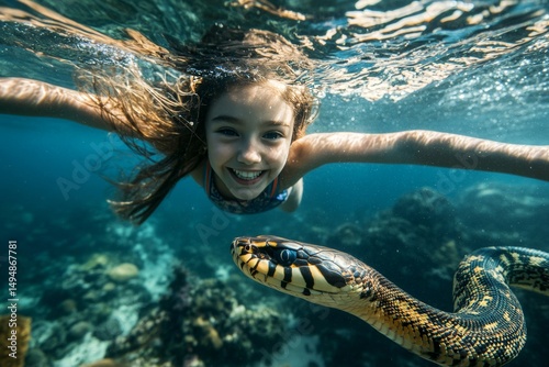 Snorkeling in hostile waters. Encounter with dangerous sea reptile while snorkeling. Deadly underwater creatures. And happy joy child girl swims among the corals. Toxic coral reef life.