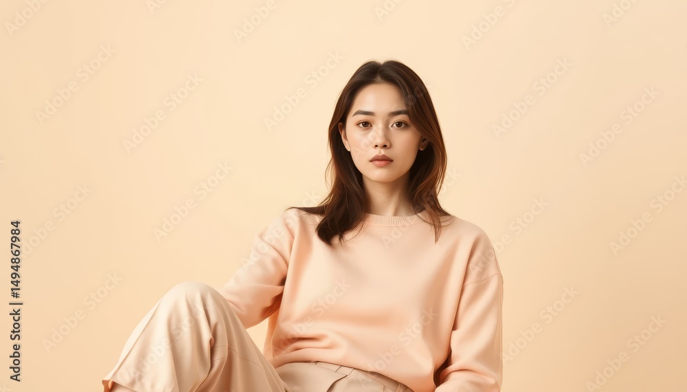 Obraz premium Confident Young Asian Woman in Peach Sweatshirt
