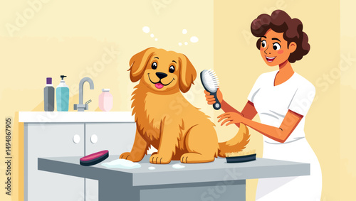  Female pet groomer brushing a happy golden retriever dog in a grooming salon, representing pet care and hygiene.