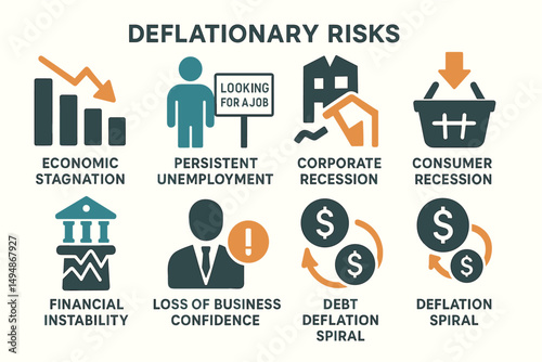 Deflationary risks silhouette icons set – solid, financial, economic symbols